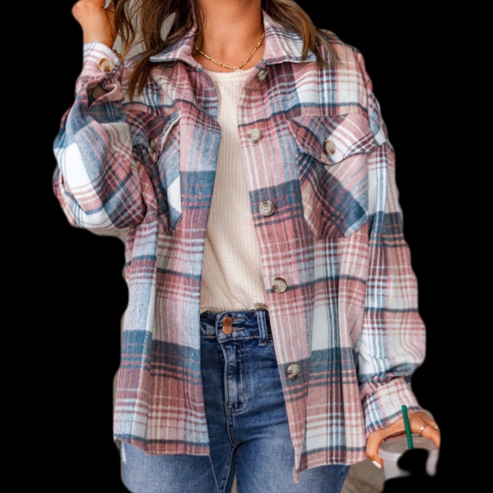 Pink plaid shirt overshirt jacket button up with pockets - Picture 1 of 14